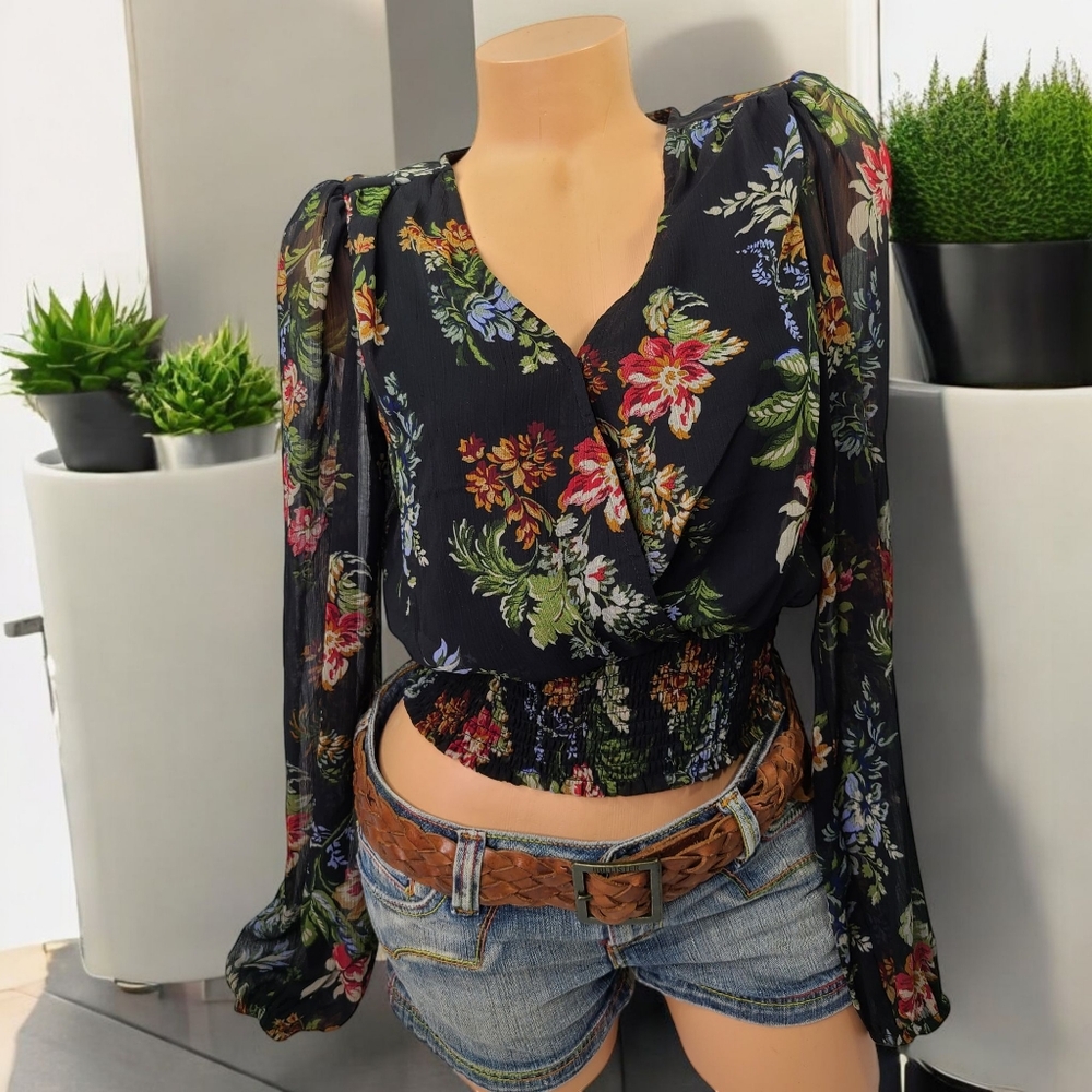 HAVER LONDON Cropped Suplice Smocked Waist Blouse Long Sleeve Floral Black Sz S